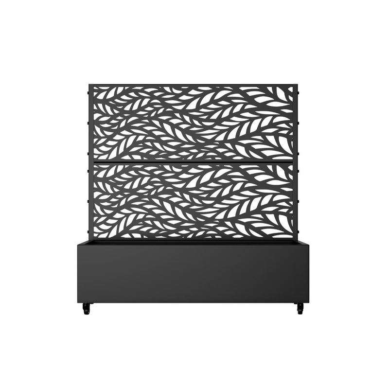 Black metal raised planter box with botanical cutout back panel and wheeled base