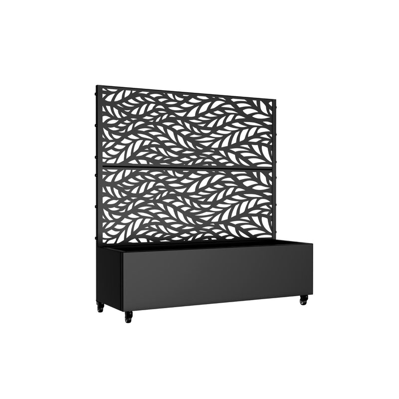 Black metal planter box set with botanical cutout panel and bottom storage bed