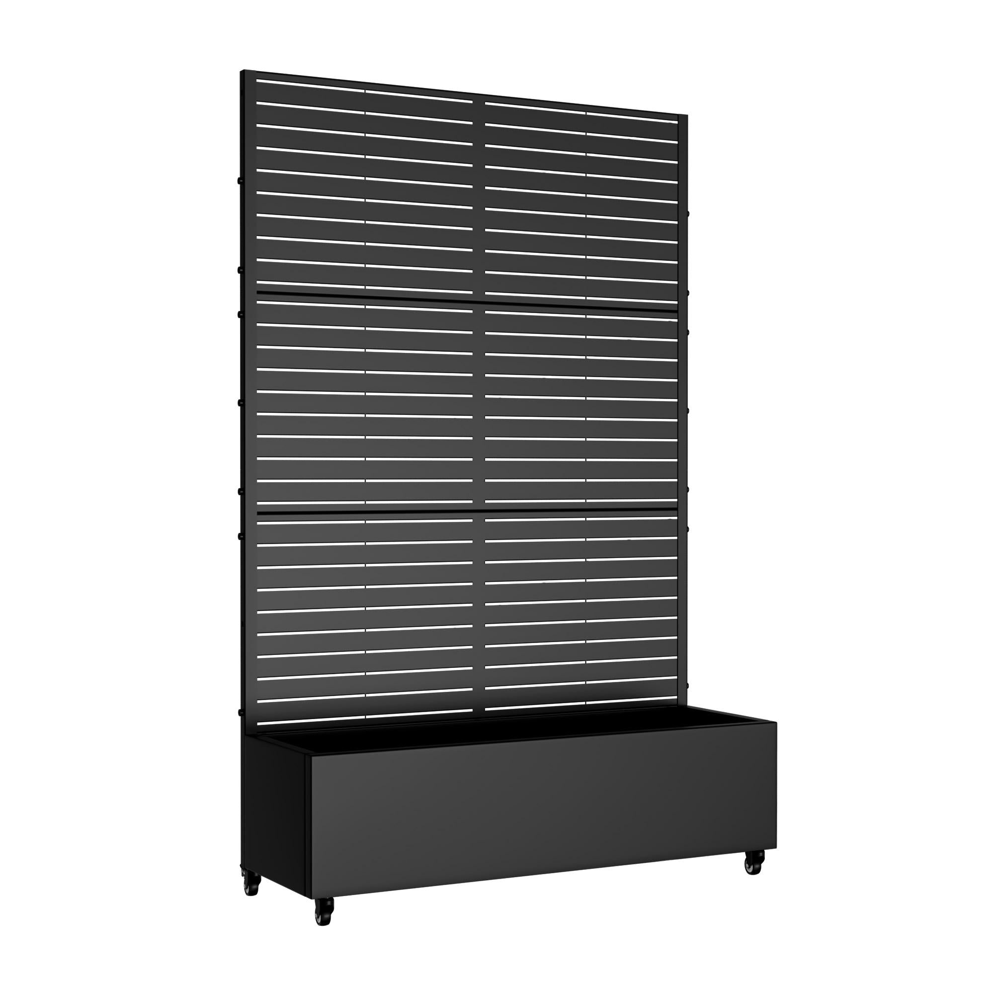 Black metal rectangular planter box with louvered striped back panel and front shelf
