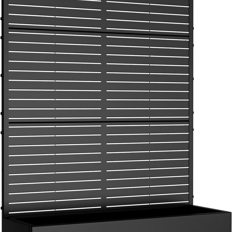 Black metal planter slat panel with horizontal stripes and open top above base
