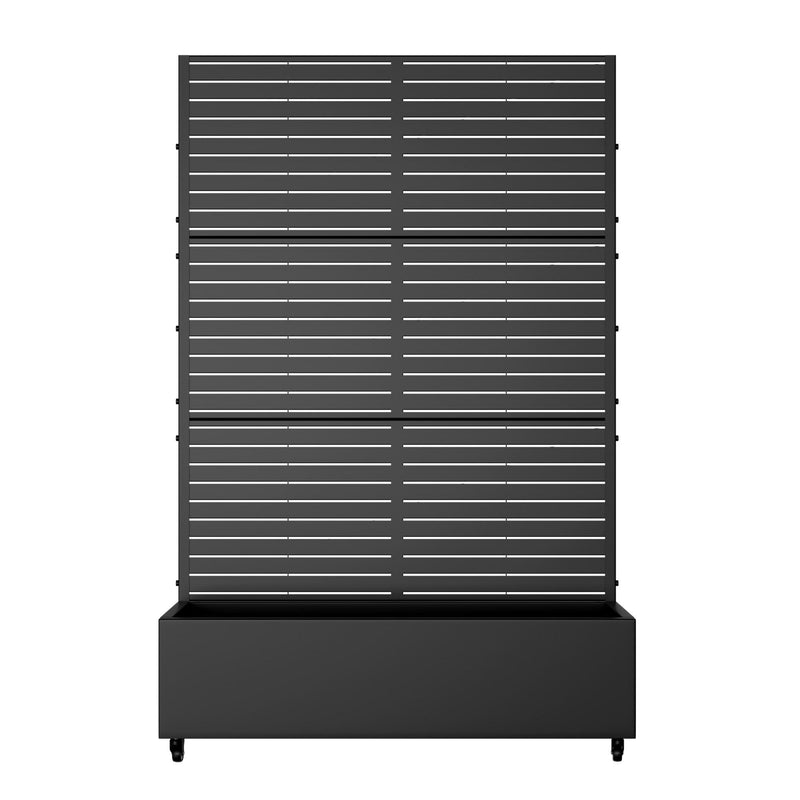 Black metal planter box with horizontal striped slat panel and rectangular raised base
