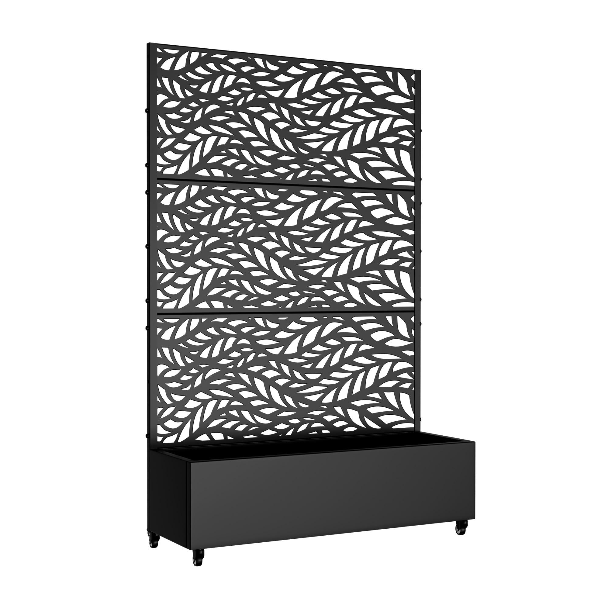 Black rectangular metal planter box set with botanical leaf lattice panel and open top