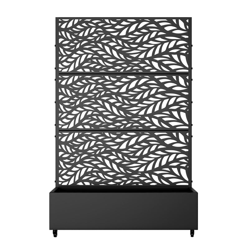Rectangular black galvanized metal planter box with botanical leaf cutout front panel