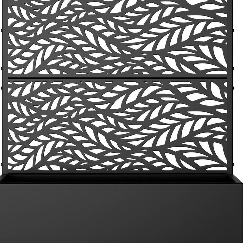Two rectangular galvanized metal planter boxes with black botanical leaf cutout panels