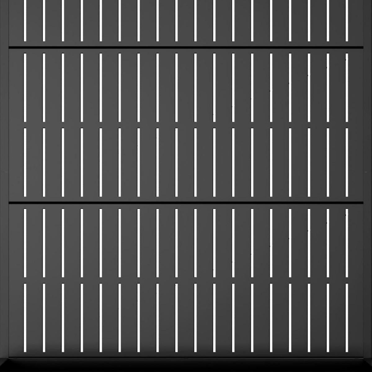 Galvanized metal planter box with vertical white stripes on dark frame