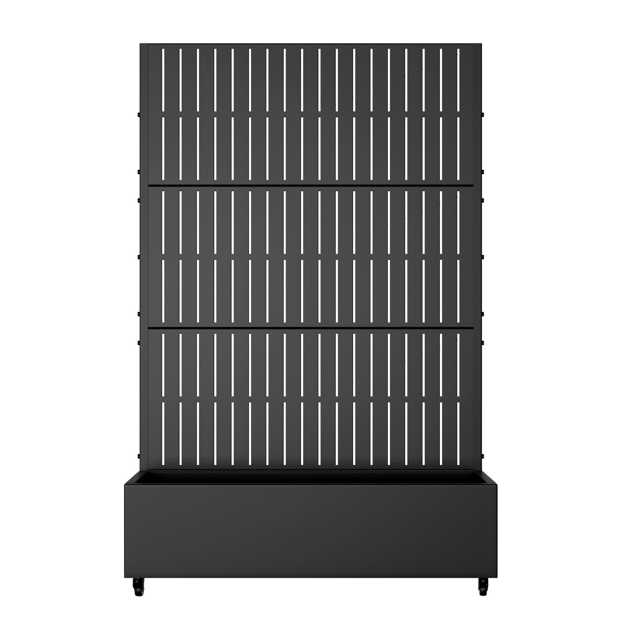 Black striped galvanized metal rectangular planter box with black base and vertical slats