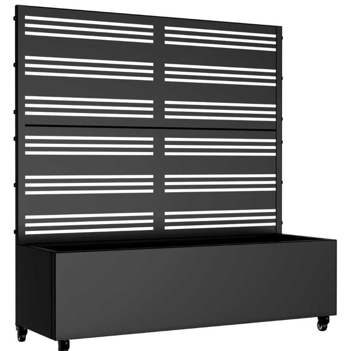 Black striped metal planter box set, slatted panel front and large rectangular planter base