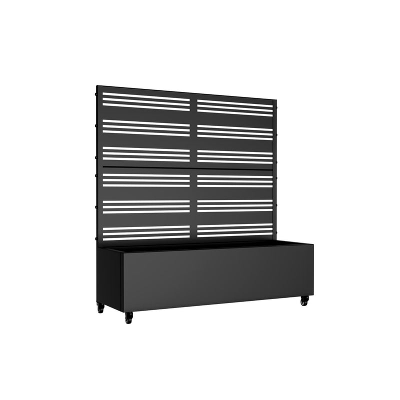 Black striped metal planter box set with slatted front, rectangular bins, on casters