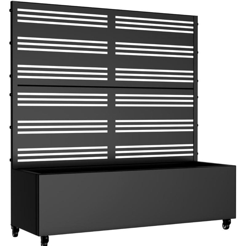 Black striped metal planter box set, close front view of slatted panel over bin