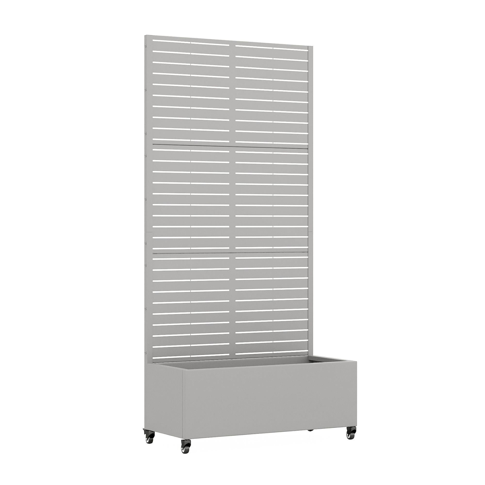 Gray galvanized metal rectangular planter box set, slatted sides and raised base
