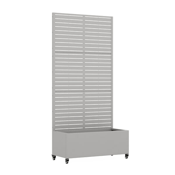 Gray galvanized metal rectangular planter box set, slatted sides and raised base