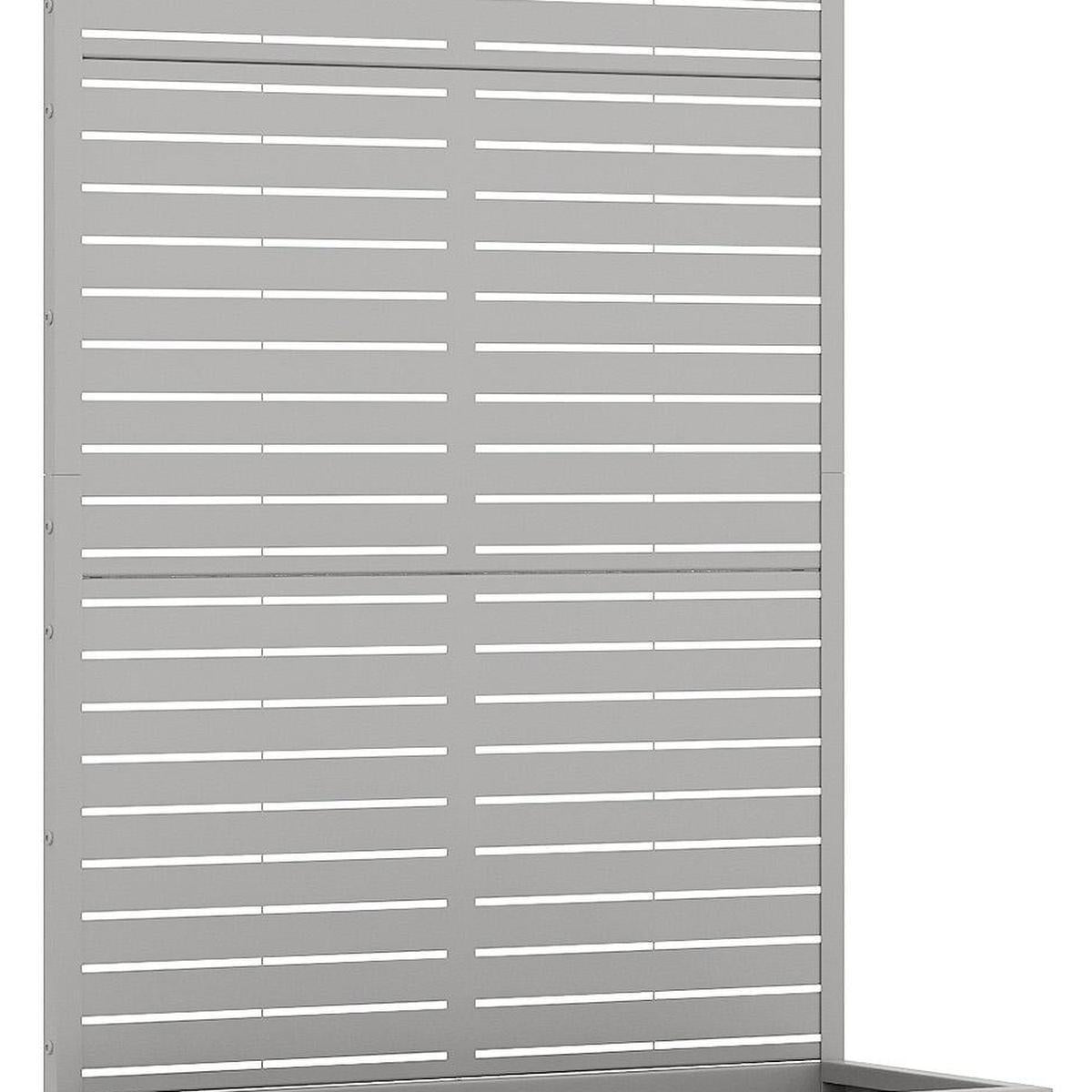 Gray galvanized metal planter box with horizontal slat stripes and open top