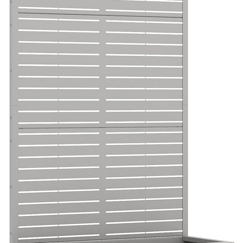 Gray galvanized metal planter box with horizontal slat stripes and open top
