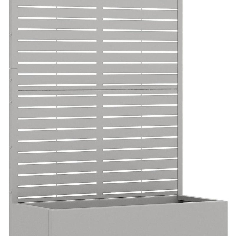 Gray galvanized metal rectangular planter with striped slats and tall sidewalls