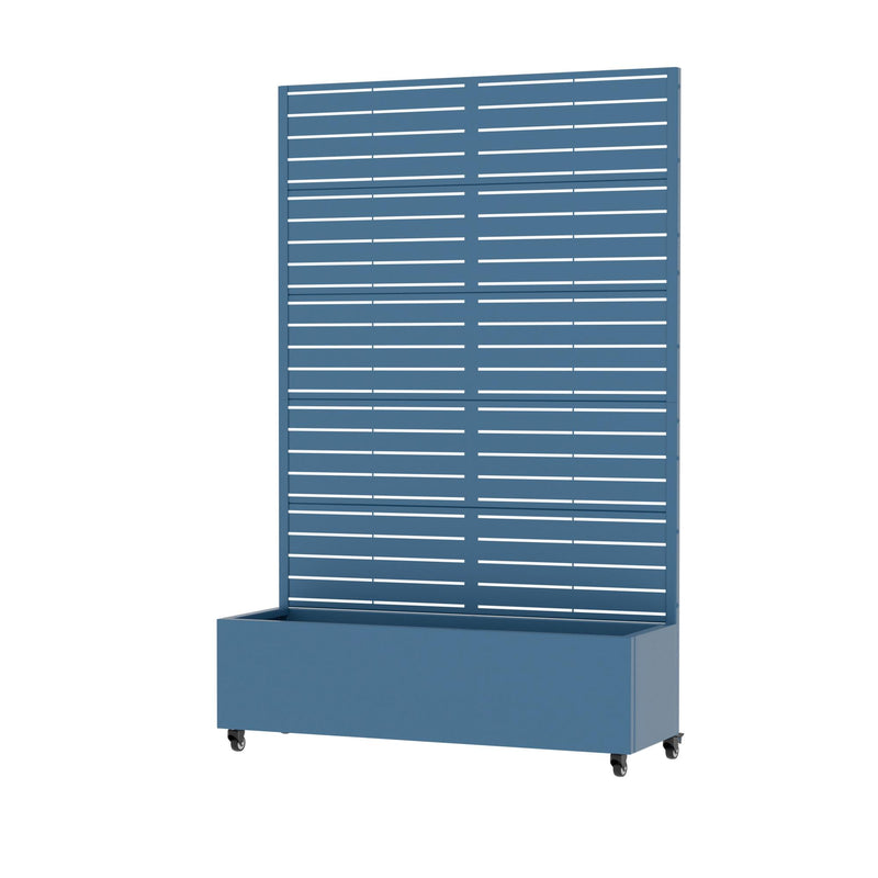 Blue slatted metal rectangular planter box with open top and four caster wheels
