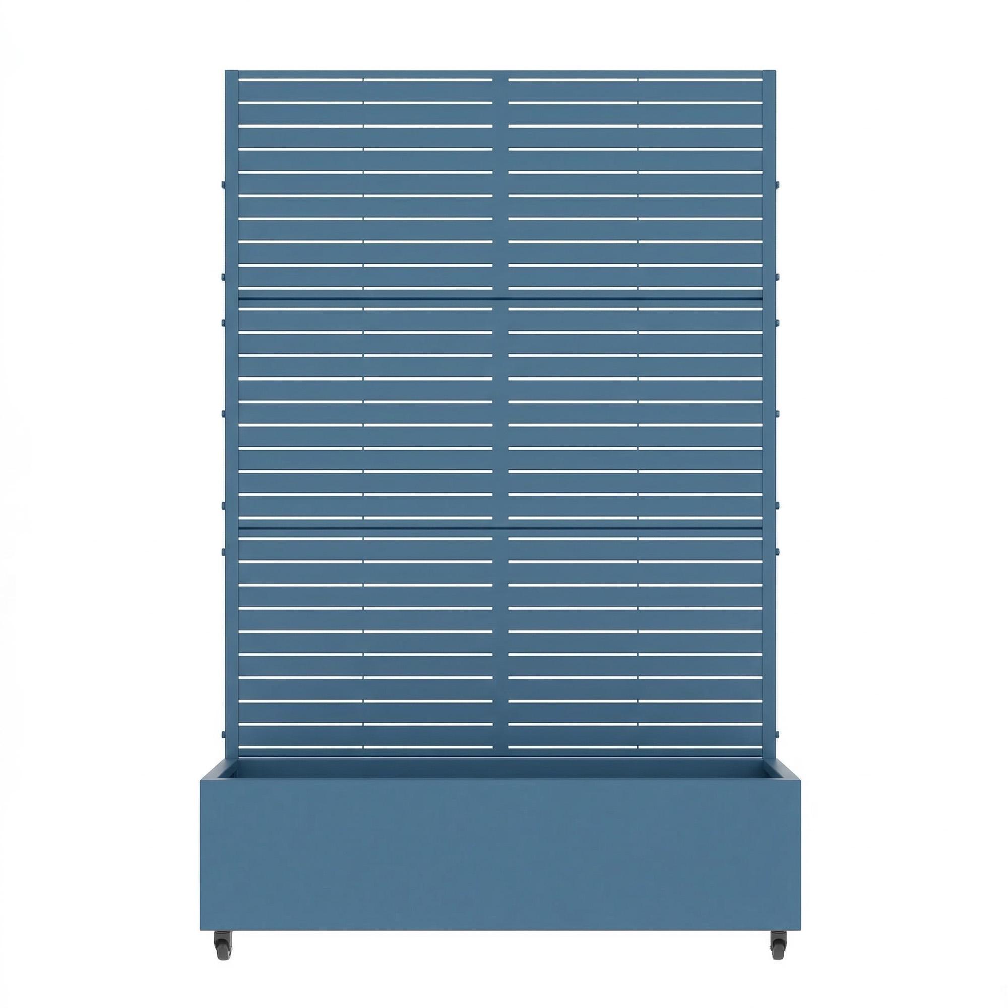 Blue slatted metal rectangular planter box with open top and base on small legs