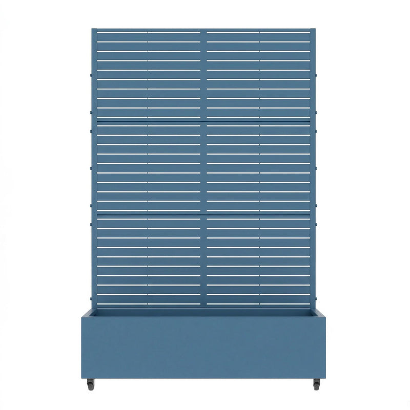 Blue slatted metal rectangular planter box with open top and base on small legs