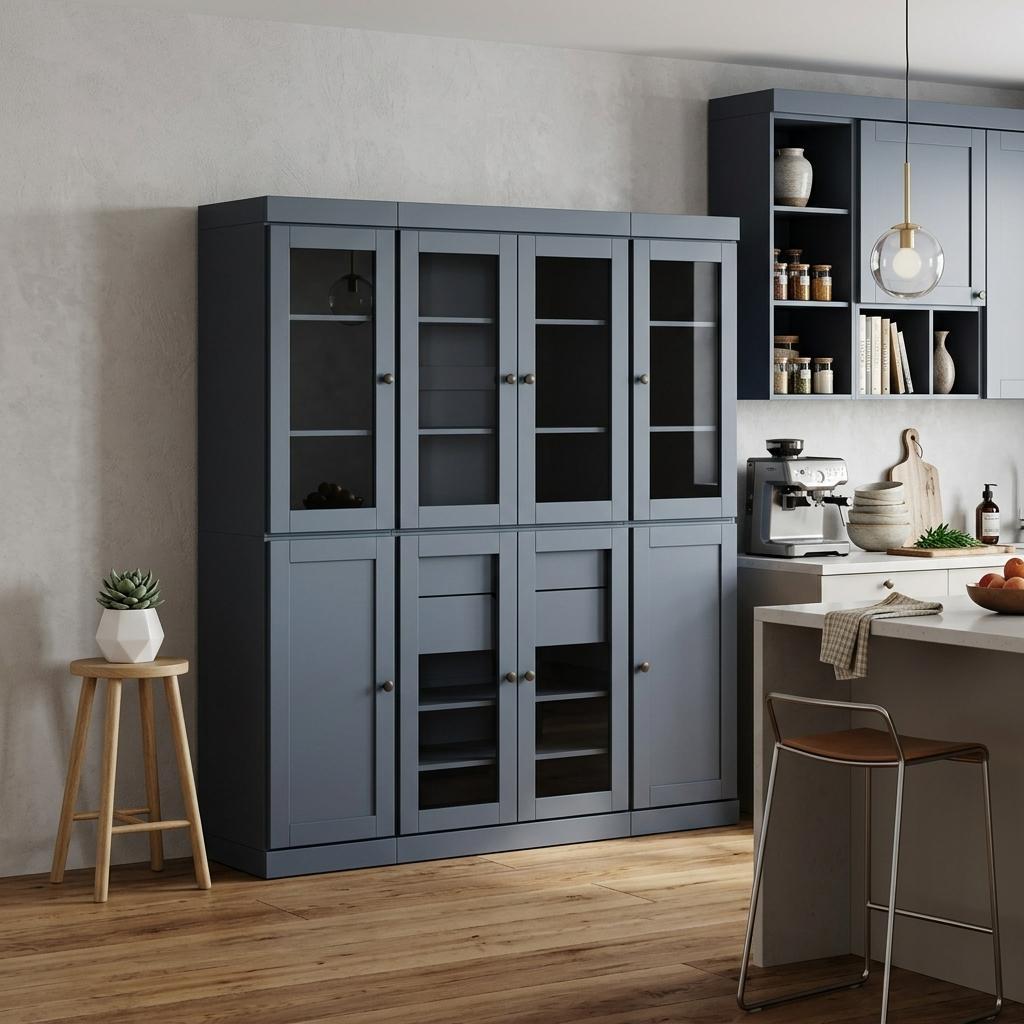72" Navy Blue Solid Wood 8 Two Drawer Pantry Or Storage Closet - Kitchen & Dining