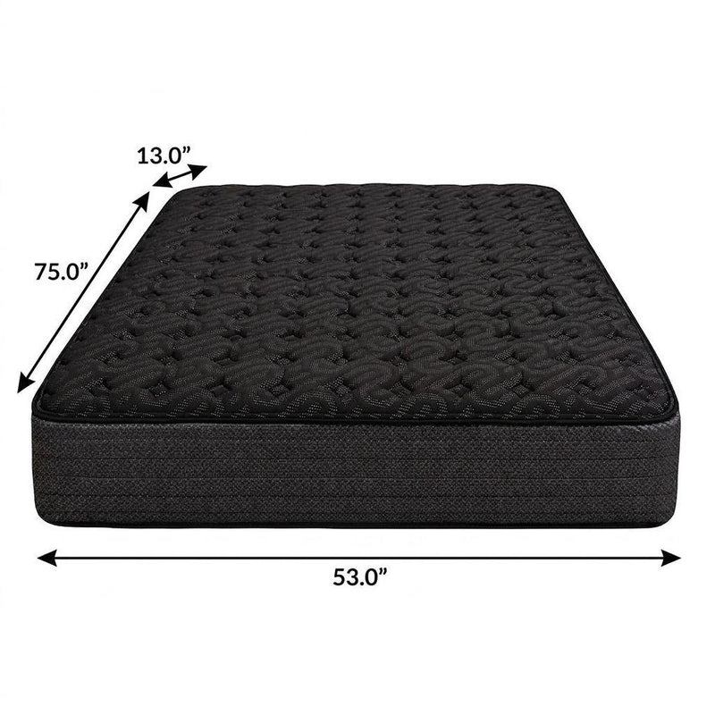 Black 13-inch hybrid mattress dimensions shown: 53 in long and 75 in high