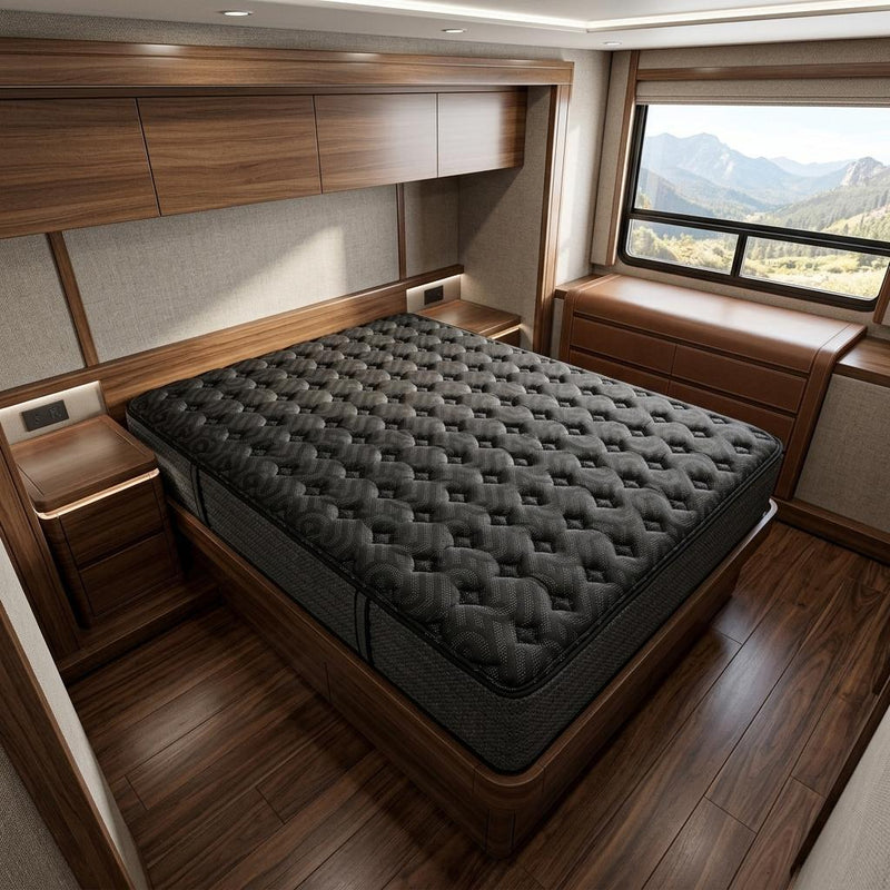 Black quilted hybrid mattress on bed frame, full top and side view