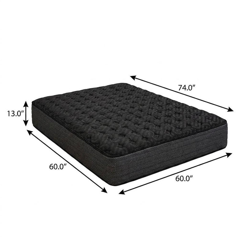 Black hybrid mattress dimensions 60 x 74 x 13 in, quilted top and fabric base