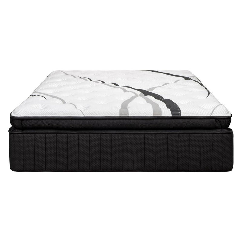 Black hybrid mattress with white quilted pillow-top and gray cloud pattern, front view