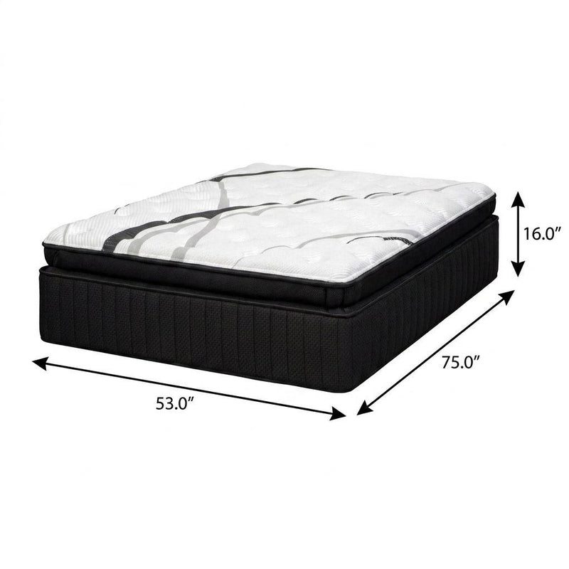 Hybrid mattress with 75x53x16 in size markings, black sides and white quilted top