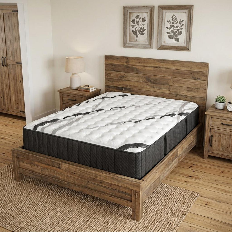 Queen hybrid mattress with white gel quilted surface and dark charcoal black border