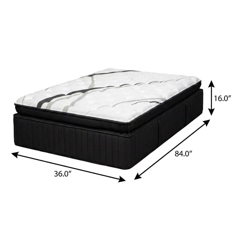 Black split California king hybrid mattress with dimensions: 84" x 36" x 16".