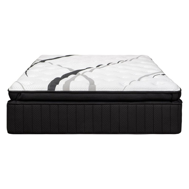 Black hybrid mattress with white quilted top and gray stripe accent stitching.