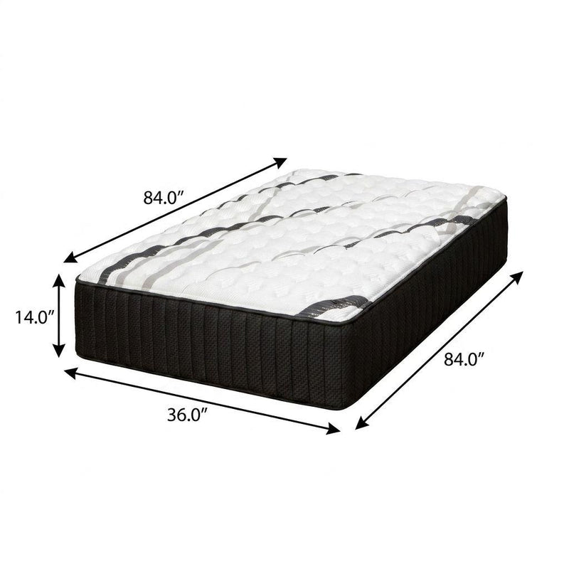 14-inch hybrid mattress with 84 x 36 x 14 in dimensions shown, white quilted top