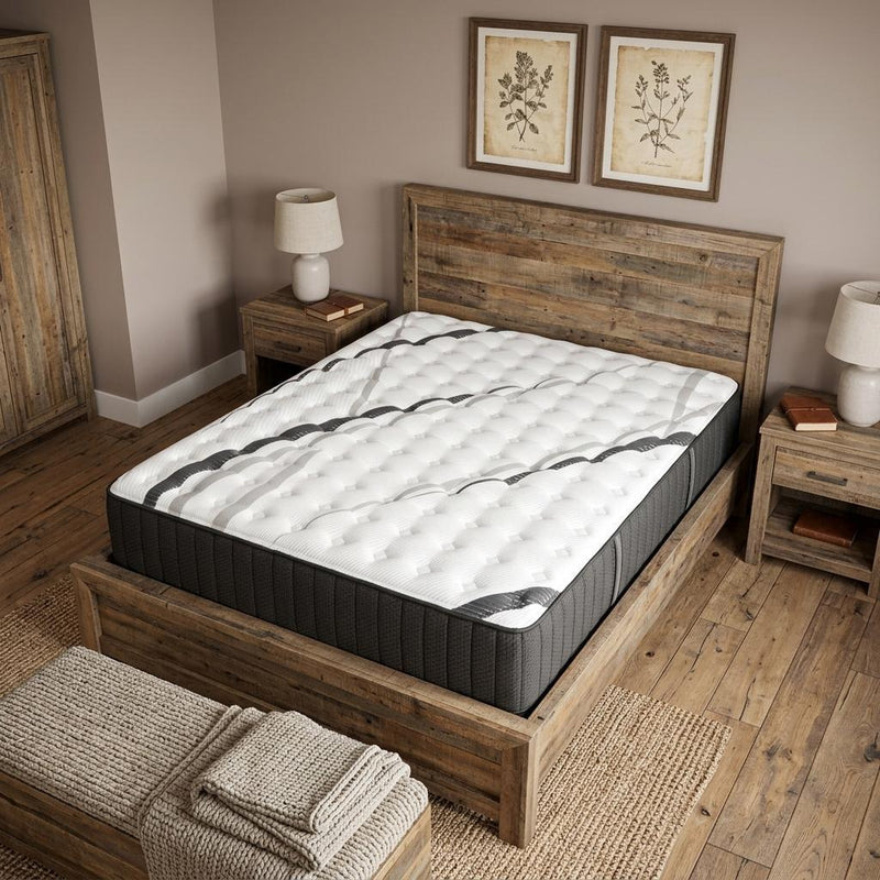 14-inch hybrid mattress on wooden bed frame, white quilted top and dark charcoal sides