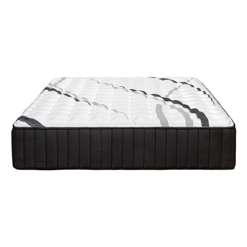 14-inch hybrid mattress with white quilted surface and dark charcoal knit side panels