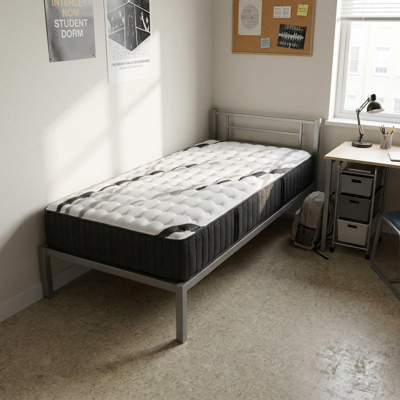 14-inch gel memory foam hybrid mattress on metal bed frame, dark charcoal sides