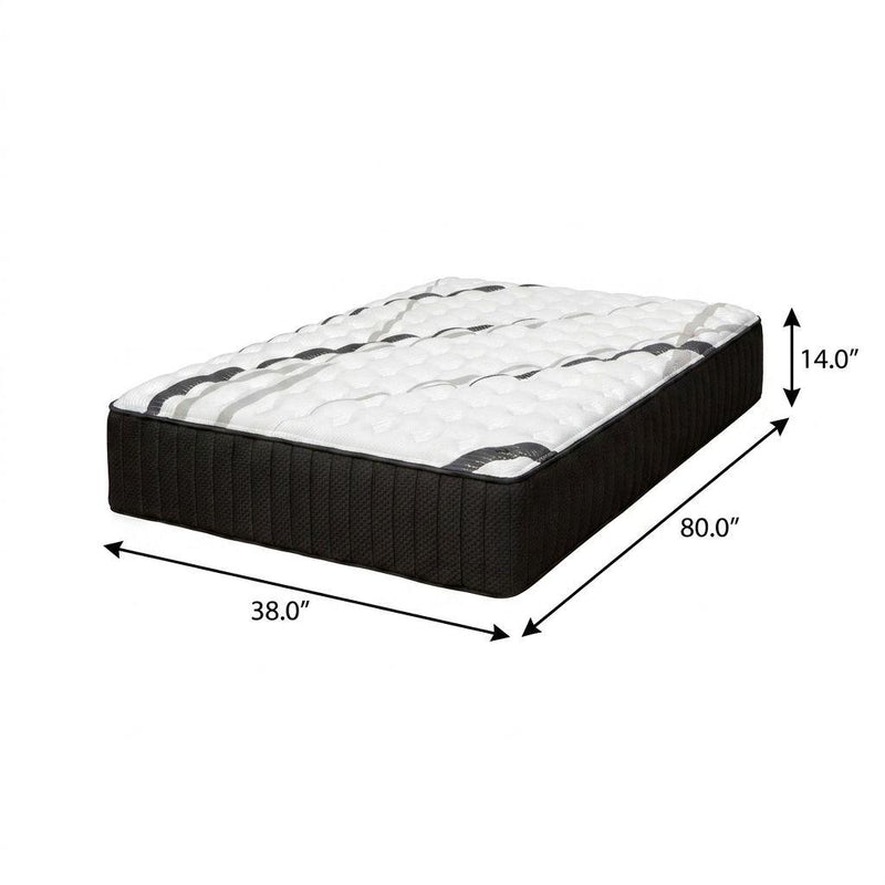 14-inch hybrid gel memory foam mattress, dark charcoal base; 80 x 38 in dimensions