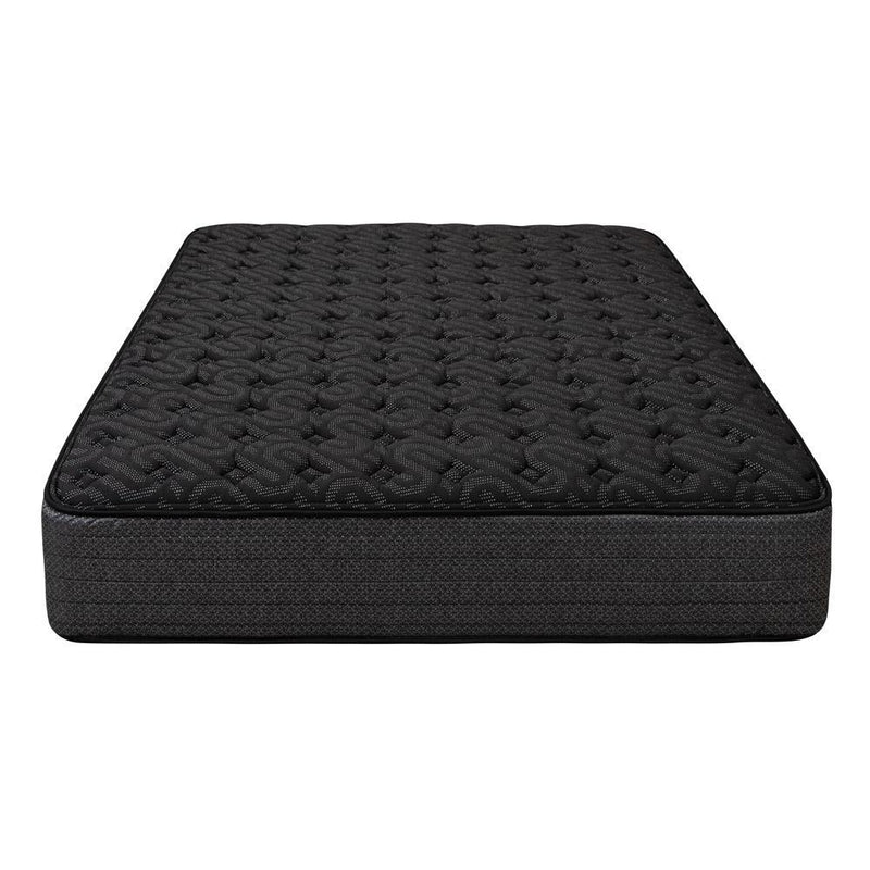 Dark gray/black hybrid mattress with quilted top and textured side panel
