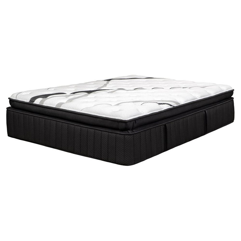 Low-profile black hybrid mattress with white quilted top and gray swirl motif