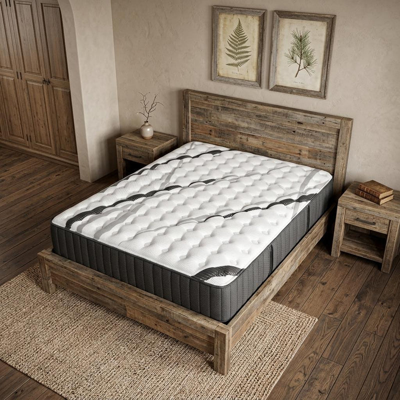 California king hybrid gel memory foam mattress on wooden bed frame, white quilted top