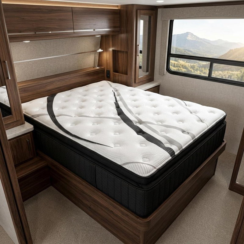 White quilted mattress top with dark charcoal base and black edge trim, on bed frame