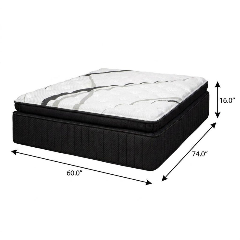 Dark charcoal mattress with white quilted top, 60 x 74 x 16" dimensions
