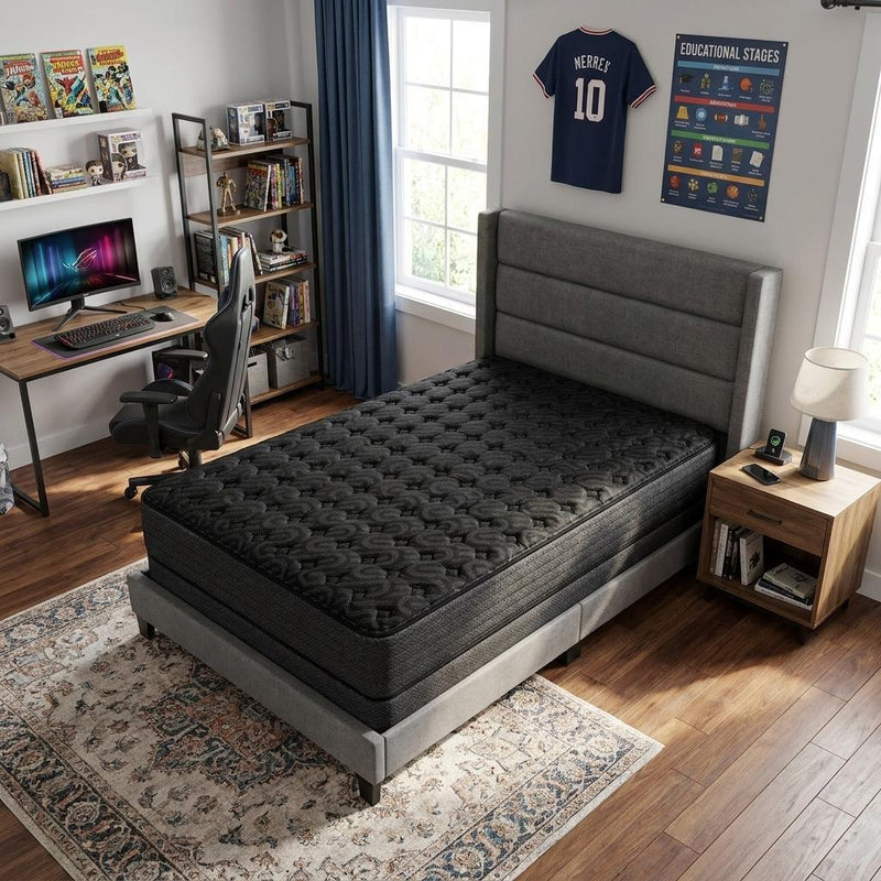 Black twin mattress on bed frame with tufted, quilted top and dark fabric cover