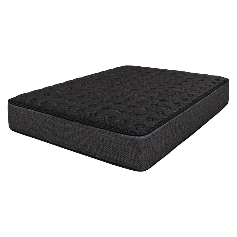 Black twin mattress with quilted top and smooth padded edge, shown at an angle