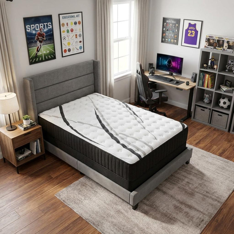 Twin gel memory foam hybrid mattress, white quilted top with bold black curved stripe bands