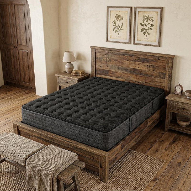 Black queen mattress on wooden bed frame, quilted top with dark fabric side panels