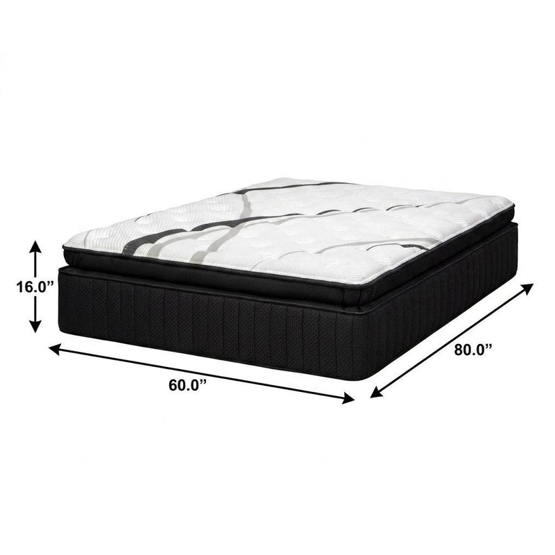 16-inch queen hybrid mattress with white quilted cover and black border.