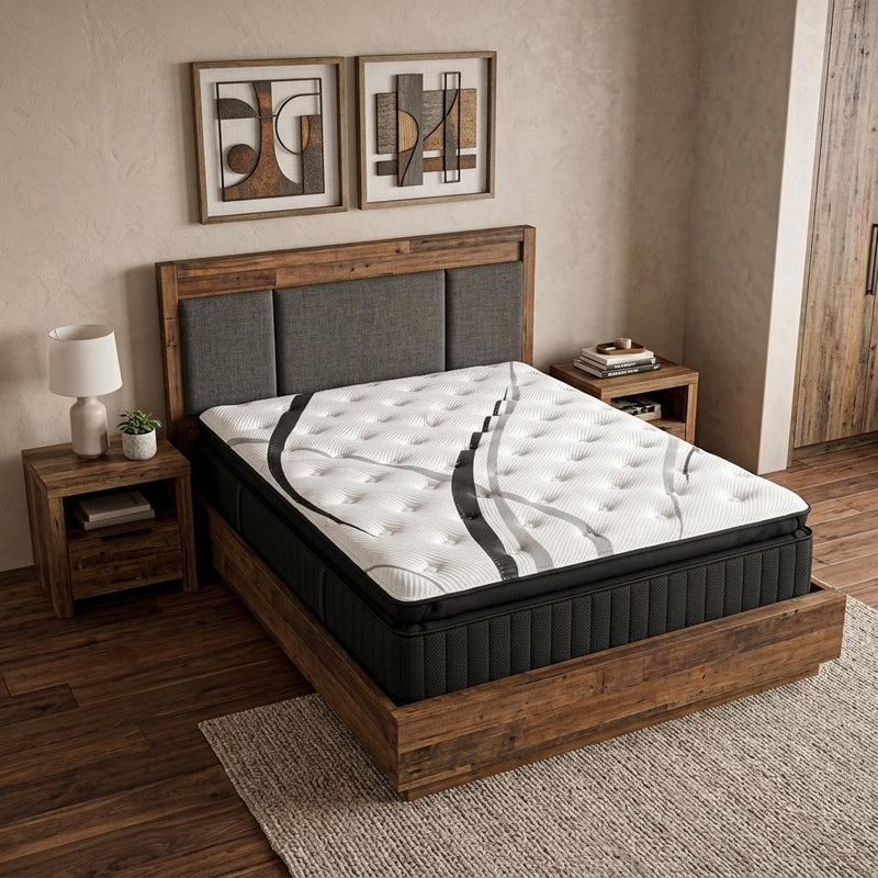 16-inch queen hybrid mattress on bed frame, white top with black sides.