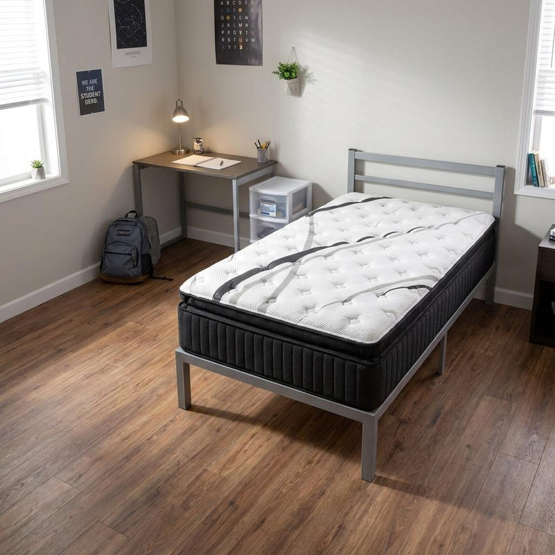 Twin XL gel memory foam mattress on gray metal frame, white quilted top, black sides