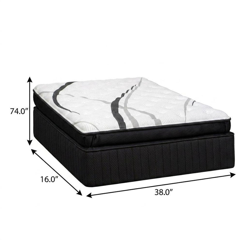 Black 16-inch twin hybrid mattress with white quilted top and dark abstract stripes.