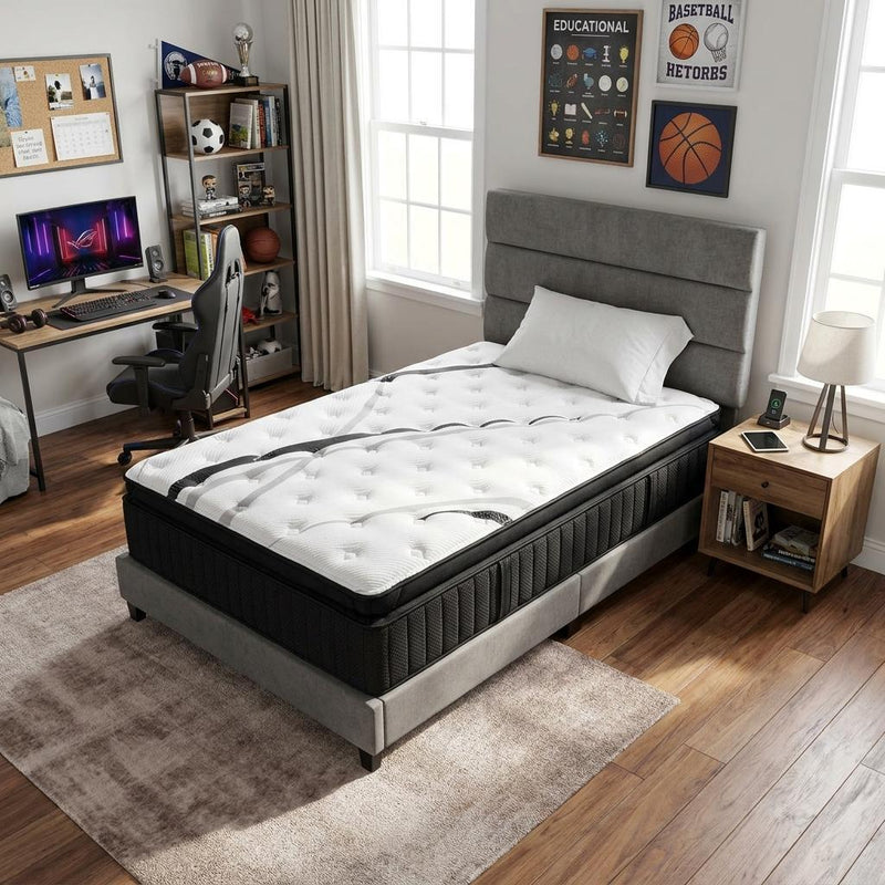 Black twin hybrid mattress with white gel-style quilt top and dark abstract lines.