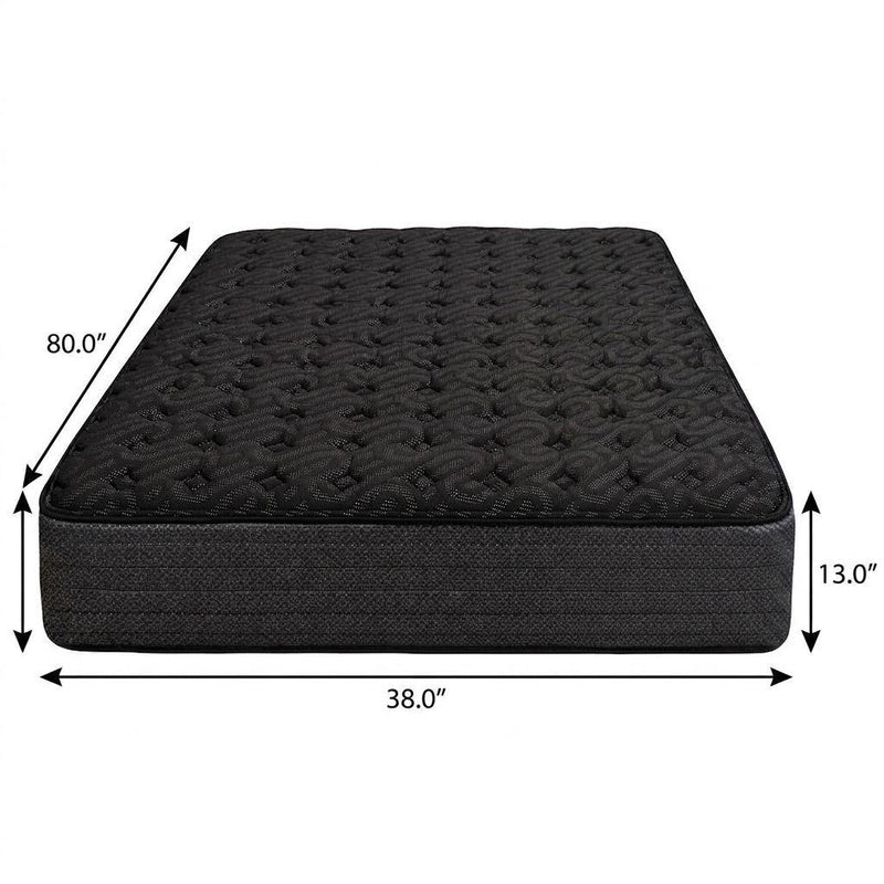 Black mattress measuring 38 in wide, 80 in long, 13 in thick